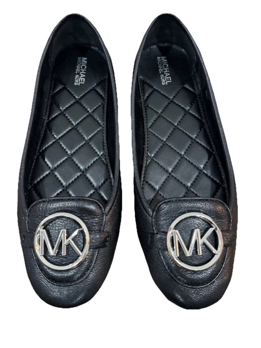 Michael Kors Women Black Quilted Flats w/Silver MK Logo Size 6.5